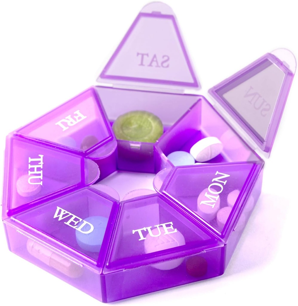 Deke Home - Μικρό εβδομαδιαίο διοργανωτής χαπιών, Round Pill Dispenser για Ταξίδι, Mini Pill Organizer, Compact Medicine Holder, Pill Sorters 7 Ημέρες, Φορητό δοχείο βιταμίνης, BPA δωρεάν (Βαθμός τροφίμων)