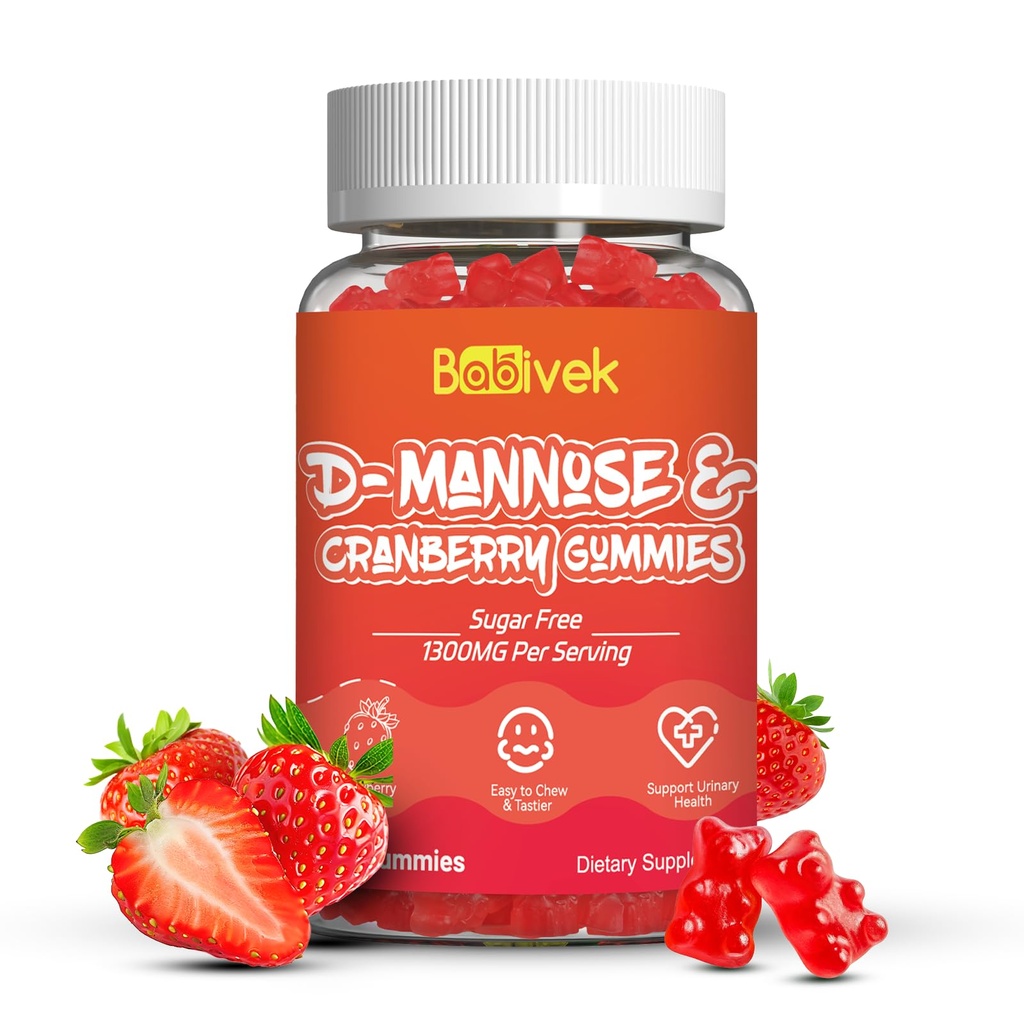 D-Mannose Gummies 1300mg per Serving with Cranberry, Sugar-Free, Vegan, Non-GMO, Gluten-Free, Supports Bladder & Urinary Tract Health, Immune Support, 60 Count
