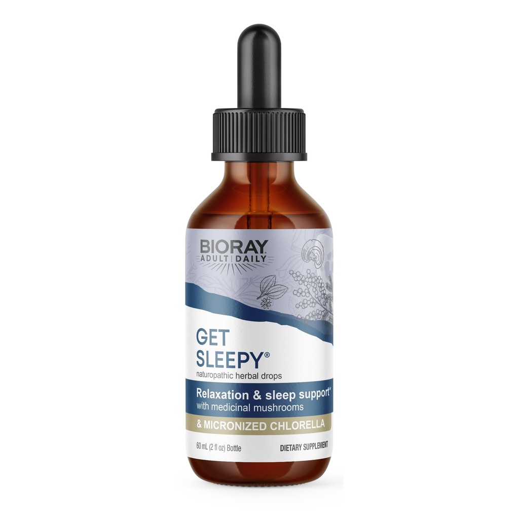 BIORAY Daily Get Sleepy - 2 fl oz - Relaxation & Rest Support - με Φαρμακευτικά Μανιτάρια & Μικρονωμένα Χλωρέλα - Μη ΓΤΟ, Vegan, Χωρίς Γλουτένη - Περίπου 30 Μερίδες