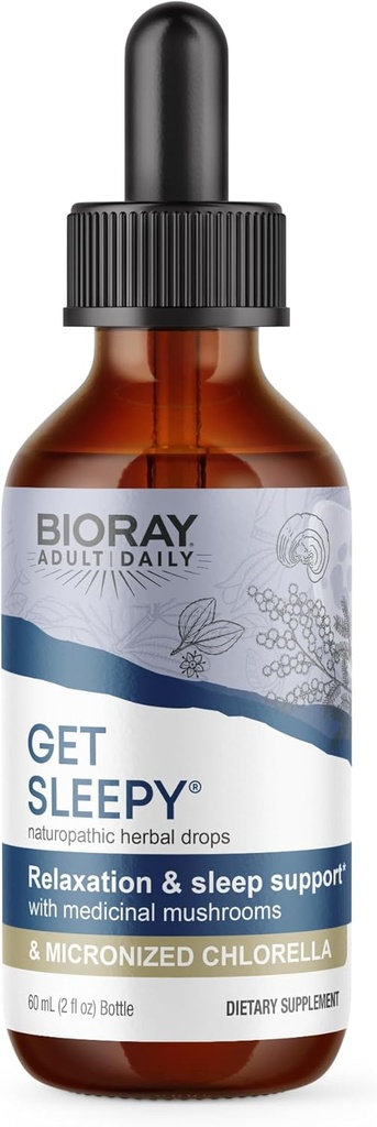 BIORAY Daily Get Sleepy - 2 fl oz - Relaxation & Rest Support - με Φαρμακευτικά Μανιτάρια & Μικρονωμένα Χλωρέλα - Μη ΓΤΟ, Vegan, Χωρίς Γλουτένη - Περίπου 30 Μερίδες