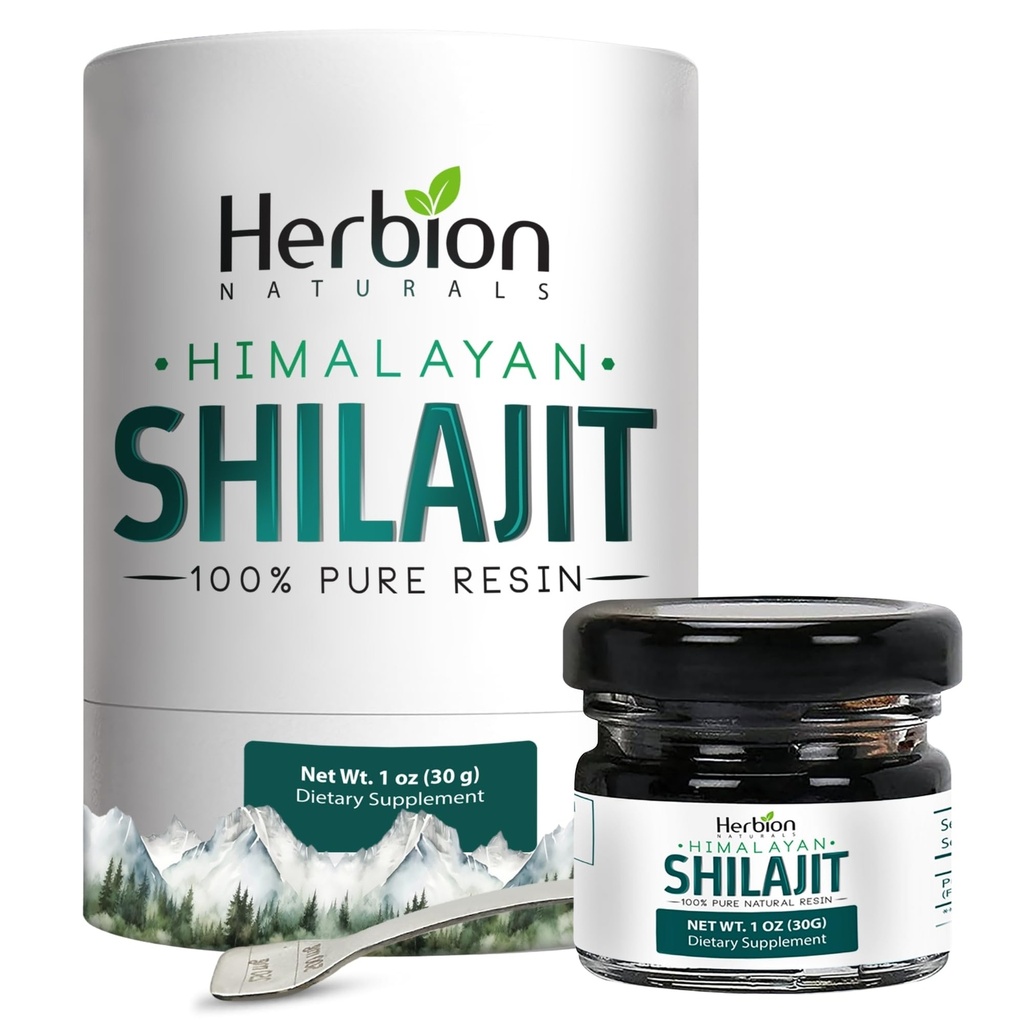 HERBION Naturals Himalayan Shilajit Resin, 100% Pure, 82% Fulvic Acid, Lab-Tested, 1 oz (30g), Glass Jar with Spoon, 85+ Trace Minerals, Energy & Stamina Support for Men & Women (Pack of 1)