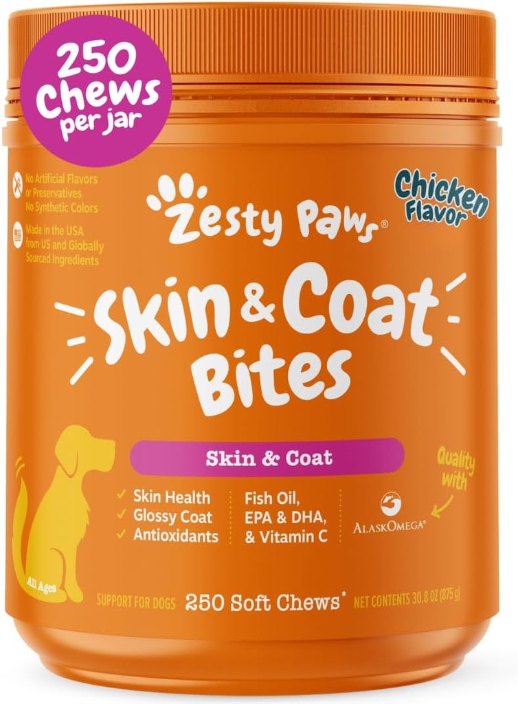 Zesty Paws Ωμέγα 3 Fish Oil for Dogs - Zesty Paw Dog Βιταμίνες και Συμπληρώματα για τον ίππο, το κοινό & δέρμα, κοτόπουλο (250 μάσημα)