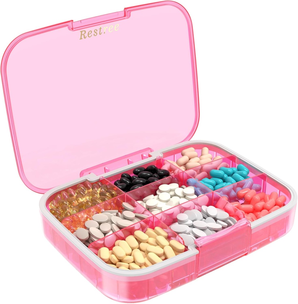 Restree Big Pill Organizer, Moisture Proof & Αδιάβροχη θήκη ταξιδιωτικών χαπιών, Φορητό κουτί φαρμακευτικής αγωγής με ρυθμιζόμενους διαχωριστές για βιταμίνες Συμπληρώματα ιχθυέλαιο και καθημερινά χάπια 9 διαμερίσματα (Pink)