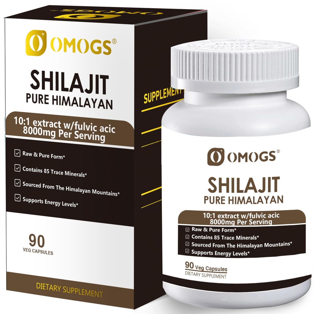 OMOGS Shilajit Pure Himalayan Organic Shilajit Capsules, with Fulvic Acid & 85+ Trace Minerals Complex for Energy, Strength, Stamin & Immunity, for Men/Women - 90 Veg Capsules