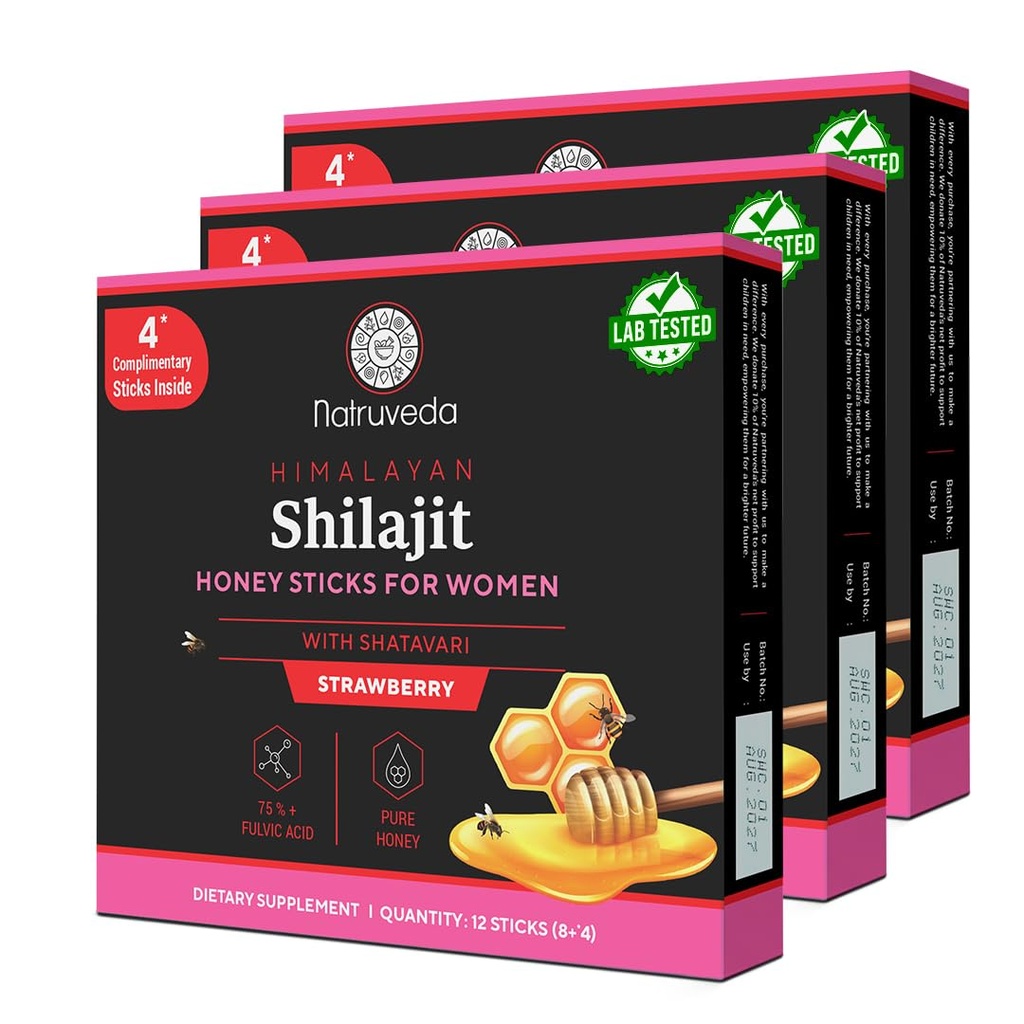 Natruveda Shilajit Honey Sticks for Women, Shilajit for her - Shatavari & Saffron for hormonal Balance & Energy 36 Sticks (Pack of 3) – Strawberry | 75%+ Fulvic Acid, 85+ Trace Minerals | Lab Tested