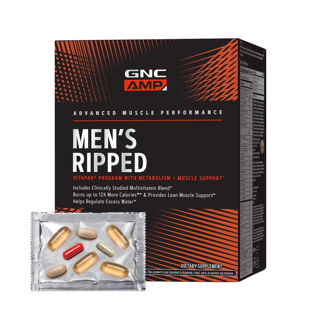 GNC AMP Πρόγραμμα Vitapak ανδρών, 4 σε 1 πακέτο βιταμινών προϊόντων, Μεταβολισμός & Lean μυϊκός τόνος, θερμίδες καύσης, χύτευση νερού, Ενήλικη πολυβιταμίνη, καφεΐνη, CLA, Αποδεδειγμένα συστατικά, 30-ημέρα προσφοράς