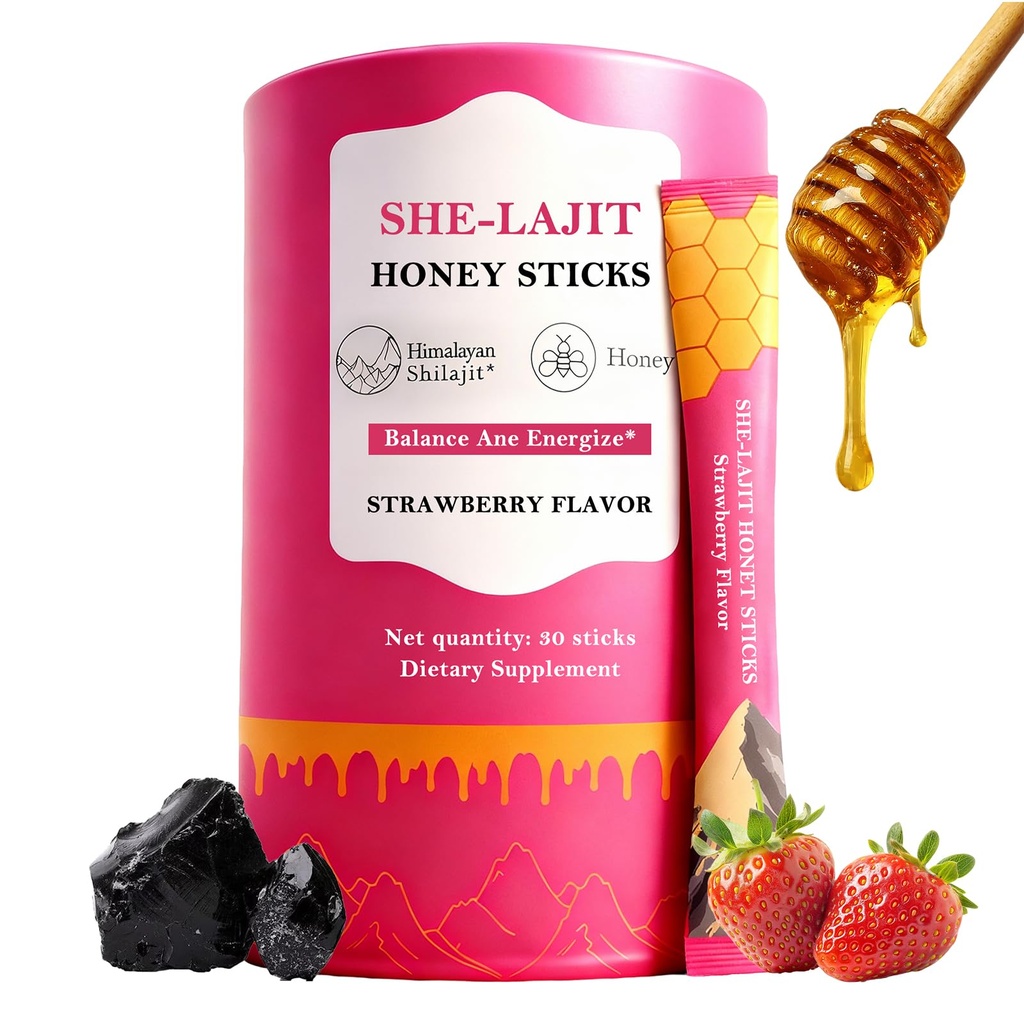 Shilajit Honey Sticks for Women with Shatavari & Saffron, Natural Energy & Vitality Booster, Strawberry Shilajit Honeysticks for Hormonal Balance, Focus & Stamina, 30 Sticks
