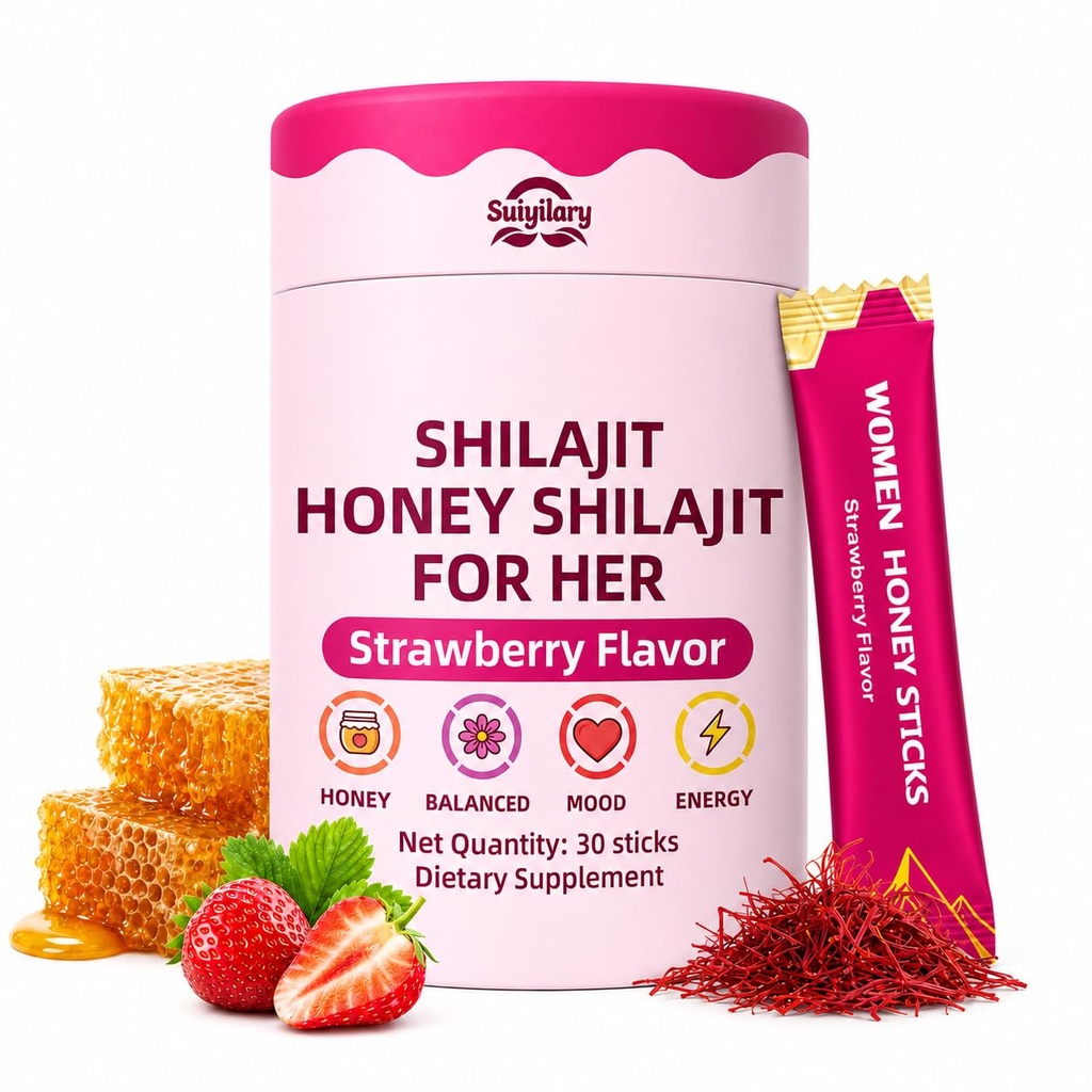 Shilajit Honey Sticks for Women, 75%+ Fulvic Acid, 85+ Trace Minerals, Hormone Balance, Energy, Focus, Mood Booster, Himalayan Shilajit, Shatavari, Saffron, Strawberry-Flavored, 30 Sticks