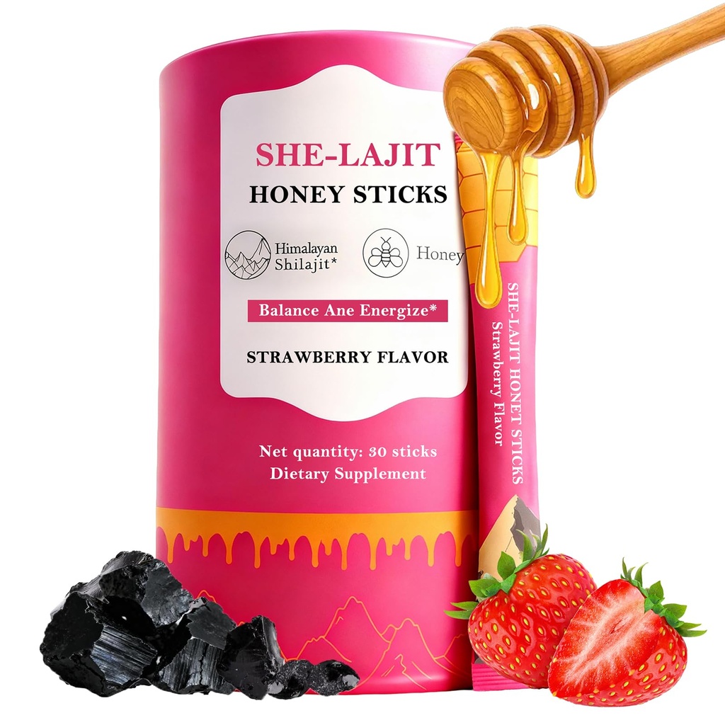 Shilajit Honey Sticks for Women, Natural Energy & Vitality Booster with Shatavari & Saffron, Strawberry Honeysticks for Hormonal Balance, Focus & Stamina, 30 Count