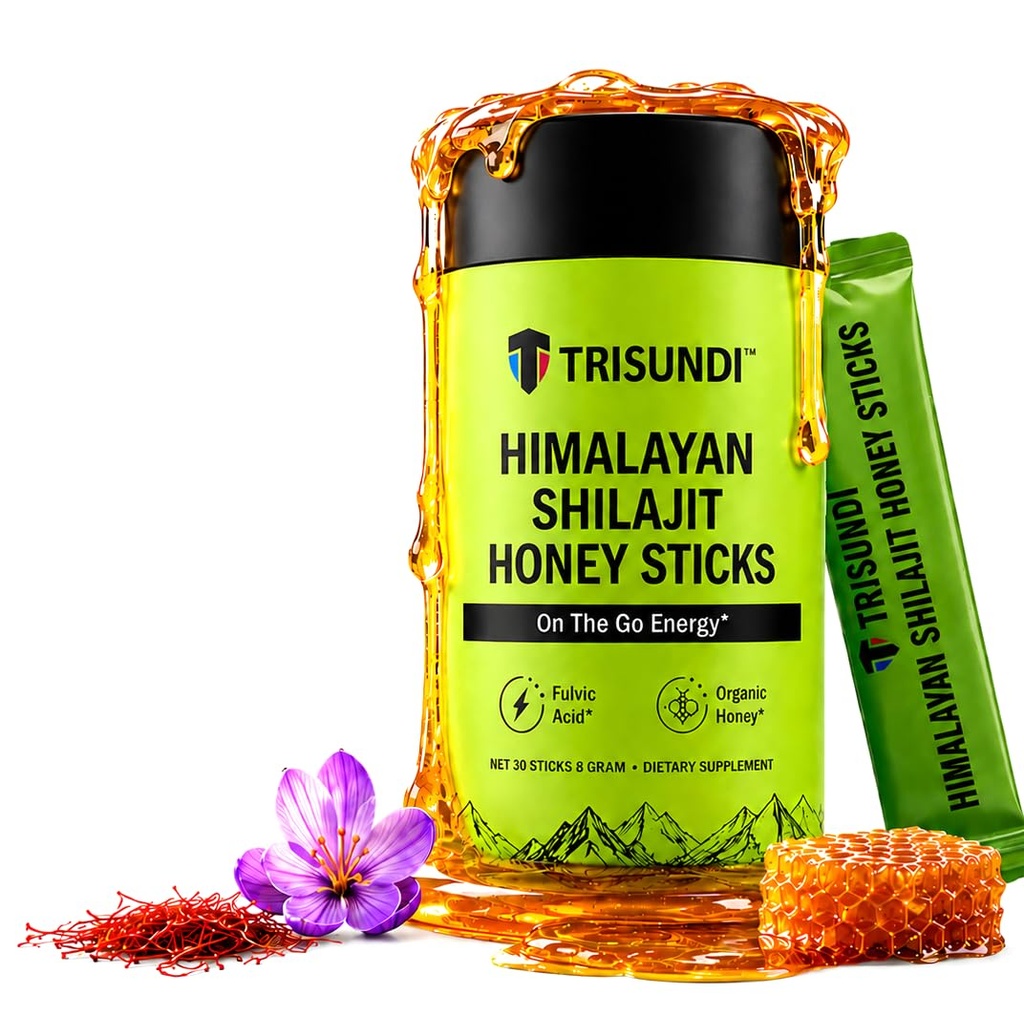 Trisundi® Himalayan Shilajit Honey Sticks – Organic Honey Energy Booster with Fulvic Minerals – Natural Performance Support, On-the-Go Nutrition, 30 Pack