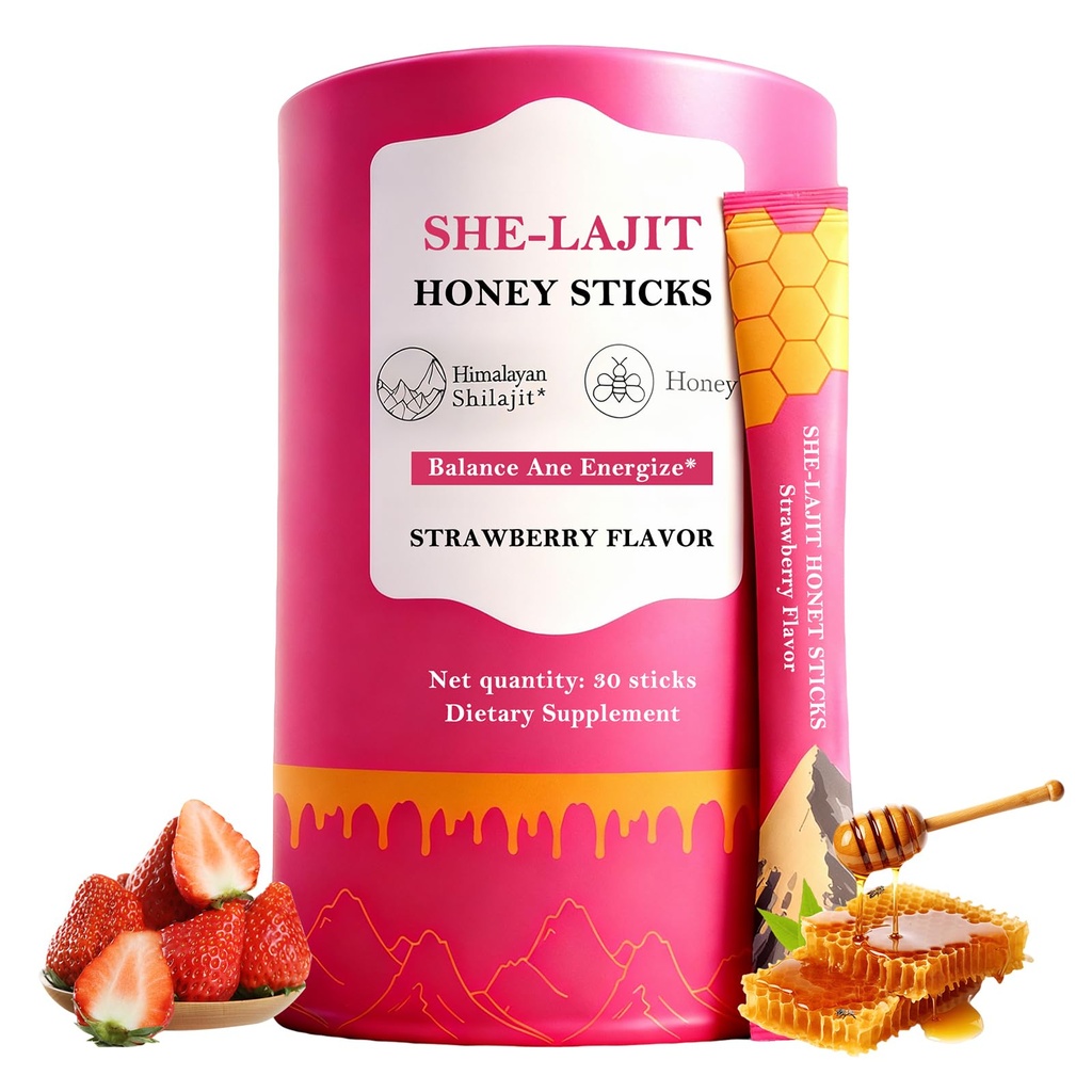 Shilajit Honey Sticks for Women, Natural Energy & Vitality Booster with Shatavari & Saffron, Strawberry Honeysticks for Hormonal Balance, Focus & Stamina, 30 Count