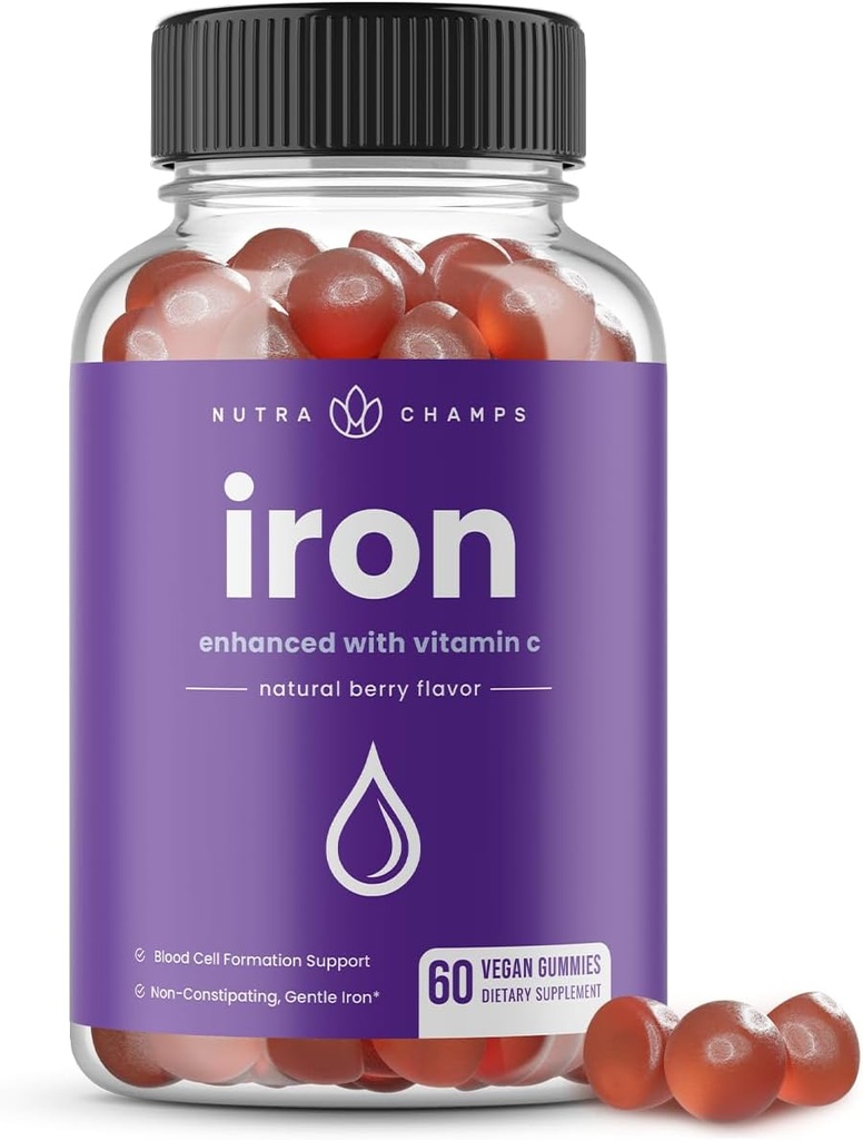 NutraChamps Iron Gummies με βιταμίνη C - 20mg, υποστήριξη σχηματισμού κυττάρων αίματος, 60 Vegan Gummies για έλλειψη σιδήρου & αναιμία, ενέργεια, εστίαση, ανοσοενίσχυση