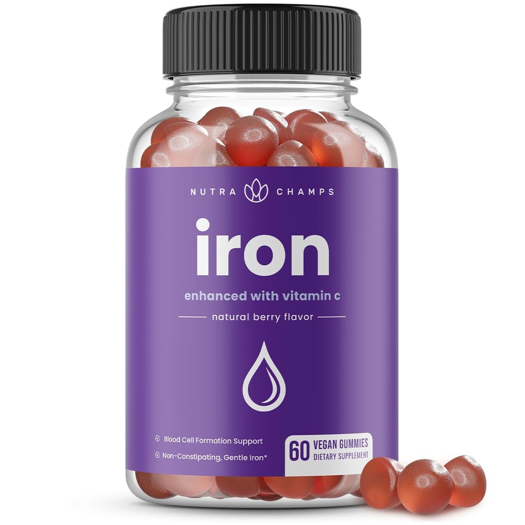 NutraChamps Iron Gummies με βιταμίνη C - 20mg, υποστήριξη σχηματισμού κυττάρων αίματος, 60 Vegan Gummies για έλλειψη σιδήρου & αναιμία, ενέργεια, εστίαση, ανοσοενίσχυση