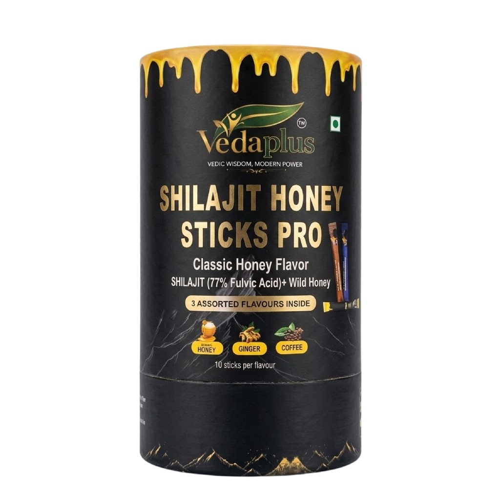 Vedaplus Shilajit Honey Sticks Pro – 77% Fulvic Acid & Pure Wild Honey – 3 Assorted Flavors (Classic, Ginger, Coffee) – Natural Energy, Stamina & Immunity Support for Men & Women – 30 Sticks (8g Each)