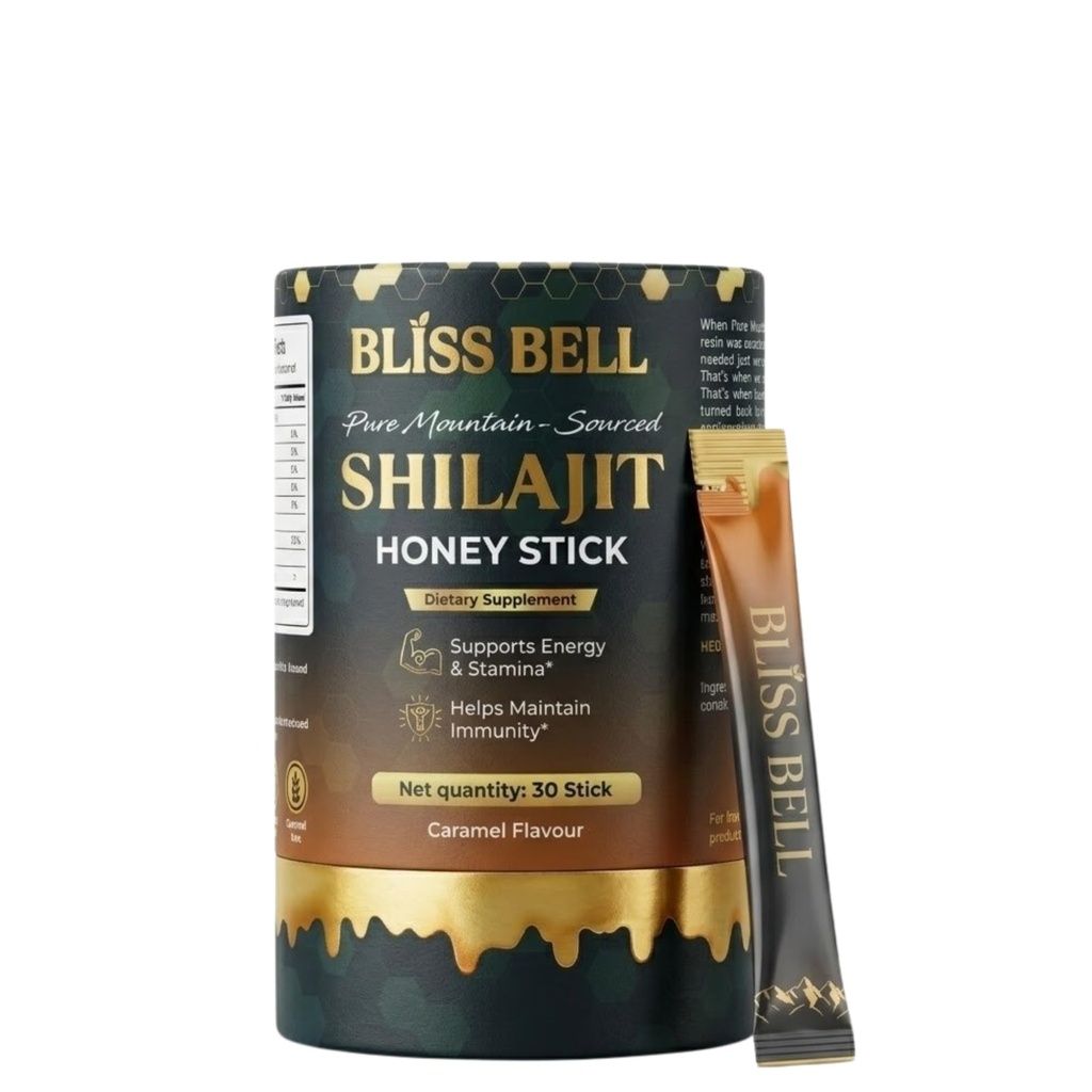 BLISS BELL Pure Himalayan Shilajit Honey Sticks 400mg with Organic Honey 30 Caramel Sticks Energy Boost and Immune Support 85+ Trace Mineral 76%+ Fulvic Acid Shilajit for Men and Women