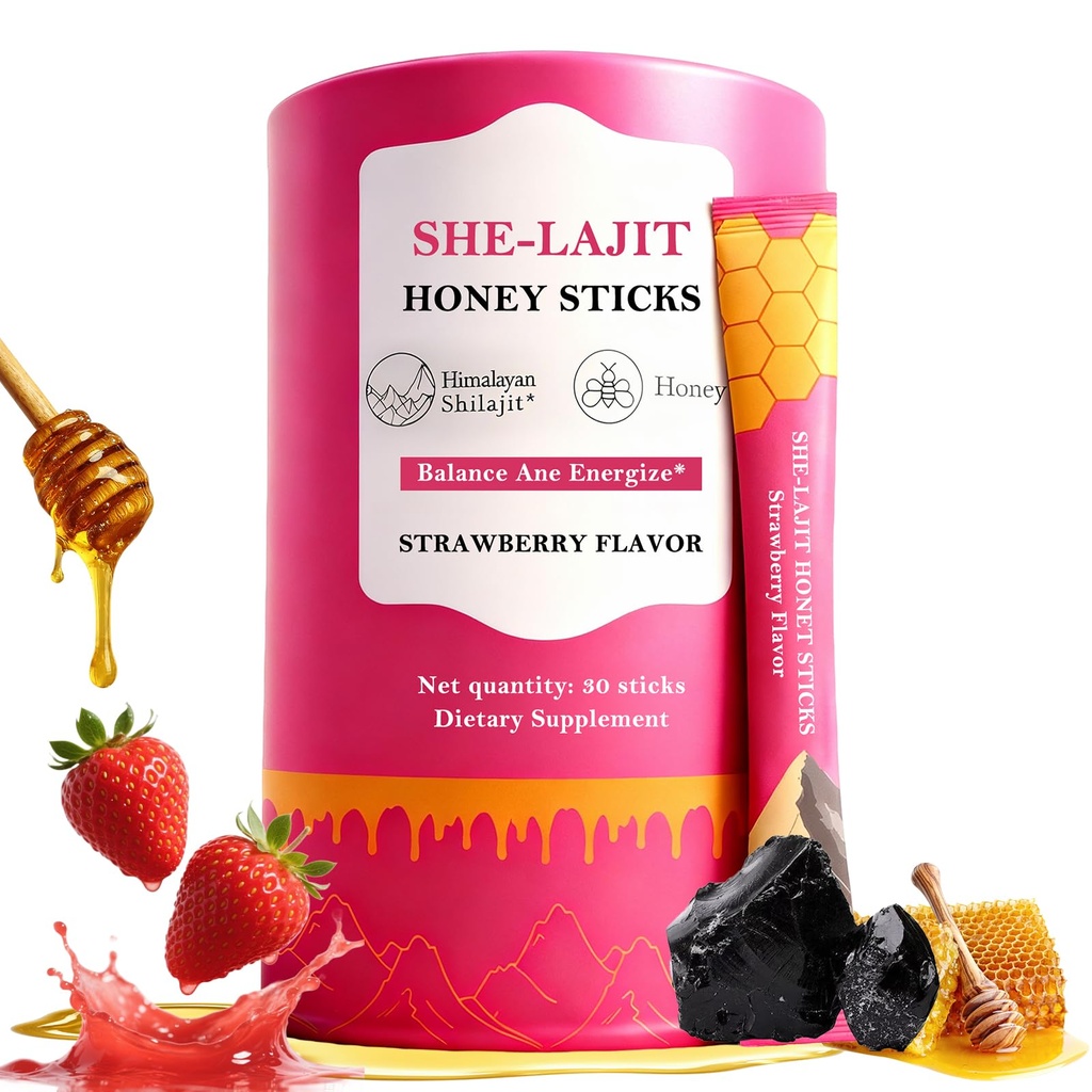 Shilajit Honey Sticks for Women, Strawberry Shilajit Honeysticks with Shatavari & Saffron, 75%+ Fulvic Acid & 85+ Trace Minerals for hormonal Balance & Energy Boost, Easy Single | 30 Sticks