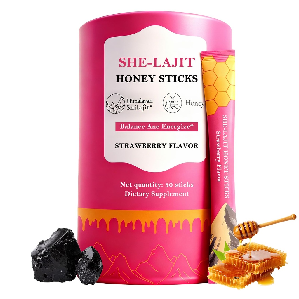 Shilajit Honey Sticks for Women, Tasty Strawberry Honeysticks, with Shatavari & Saffron for hormonal Balance & Energy, 75%+ Fulvic Acid, 85+ Trace Minerals Wellness Booster, 30 Sticks