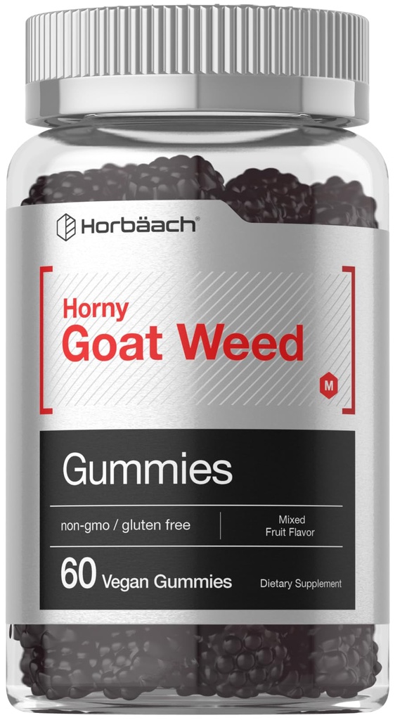 Horbäach Horny Goat Weed | 60 Gummies | Mixed Fruit Flavor | Includes Maca | for Men & Women | Vegan, Non-GMO, and Gluten Free Formula