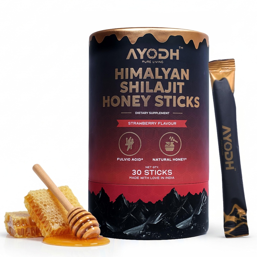 Pure Himalayan Shilajit Honey Sticks with Honey & Strawberry 30 Sticks | 75%+ Fulvic Acid, 85+ Trace Minerals | Support Energy & Immunity | Easy Single-Use Packets for Men & Women
