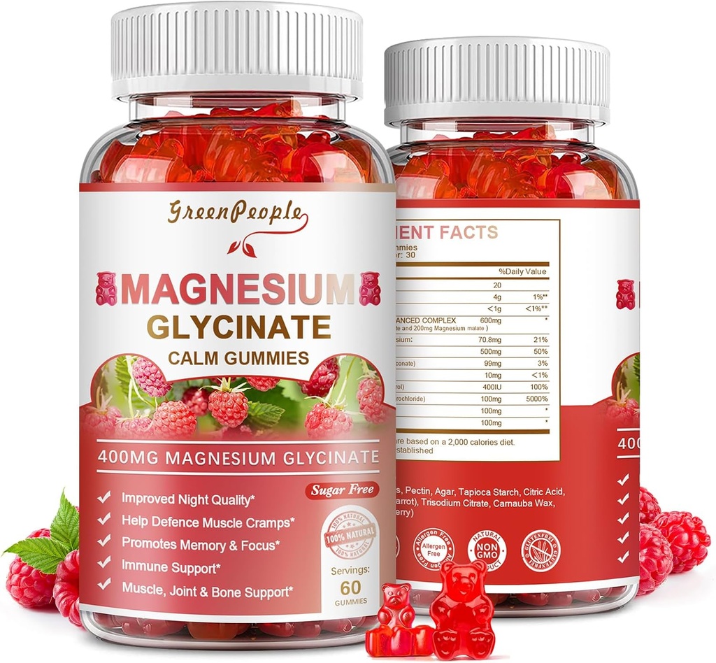 GREENPEOPLE Μαγνήσιο Γλυκινικό Gummies 400mg - Συμπλήρωμα χωρίς ζάχαρη Μαγνήσιο Κάλιο με Μαγνήσιο Κακή, Βιταμίνη D, B6, και CoQ10 για Ήρεμη Υποστήριξη & Ύπνο για Ενήλικες - Βατόμουρο Gummies