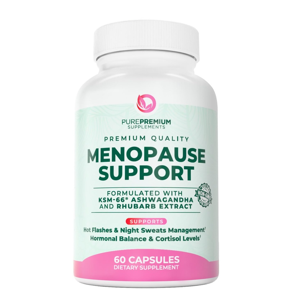 PurePremium Menopause Supplements for Women with KSM-66® Ashwagandha, Rhubarb Extract & Black Cohosh - Hot Flashes, Night Sweats, Perimenopause Support - Hormone Balance & Cortisol Support - 60 Count