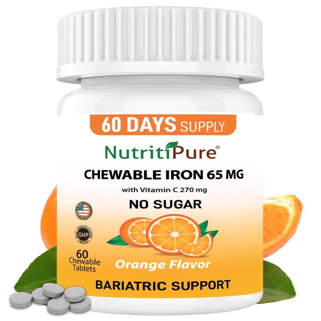 Chewable Carbonyl Iron 65mg with 270mg Vitamin C – Bariatric Friendly Tablet (Non-Gummy), Sugar-Free Orange Flavor - Iron Supplement – 60 Tablets (60 Day Supply)