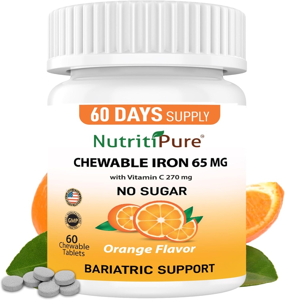 Chewable Iron 65 mg with Vitamin C 270 mg (for Women/Men) |60 Days Supply | No Sugar- Zesty Orange Flavor Supplement 60 Count