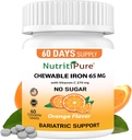 Chewable Iron 65 mg with Vitamin C 270 mg (for Women/Men) |60 Days Supply | No Sugar- Zesty Orange Flavor Supplement 60 Count
