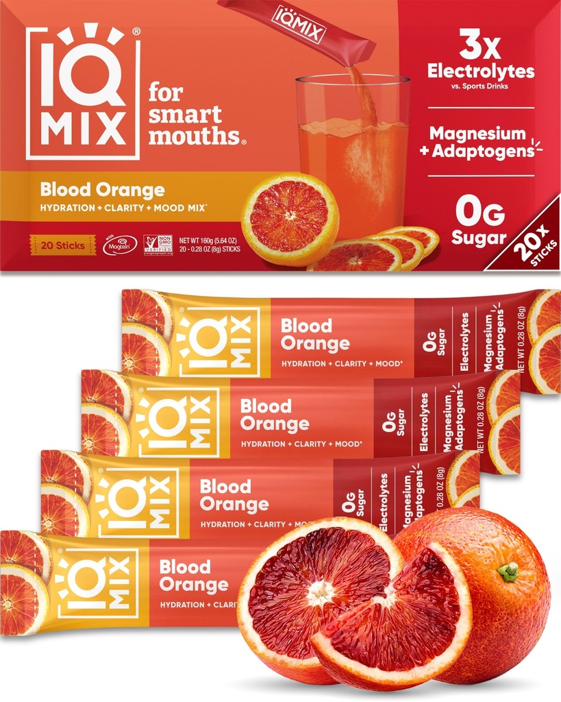 IQMIX Hydration Electrolyte Powder – 4-σε-1 Formula for Hydration, Mental Clarity, Mood and Recovery – Μείγμα ποτού χωρίς ζάχαρη, Κέτο, Μαγνήσιο L-Θρεονικό, Μάνε του Λέοντος – 20 Count Blood Orange