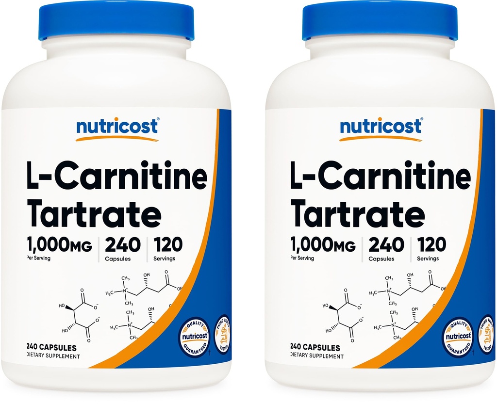 Nutricost L-Carnitine Tartrate 500mg, 240 Capsules - 1000mg Per Serving (2 Bottles)