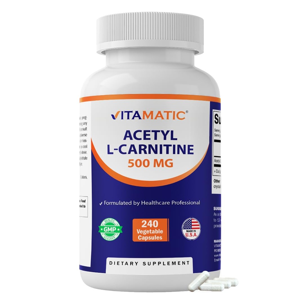 Vitamatic Acetyl L-Carnitine 500mg, 240 Vegetarian Capsules – Amino Acid Supplement, Non-GMO, Gluten Free, Made in USA