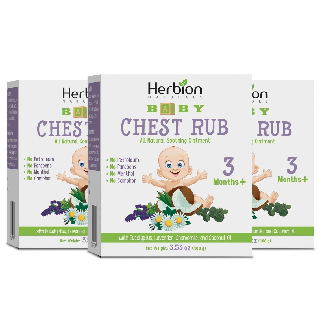 HERBION Naturals Baby Chest Rub, Ages 3 Months+, All-Natural Soothing Ointment with Coconut Oil, Eucalyptus, Lavender, Chamomile, Shea Butter, Petroleum & Menthol-Free, Non-GMO, 3.53 Oz, Pack of 3