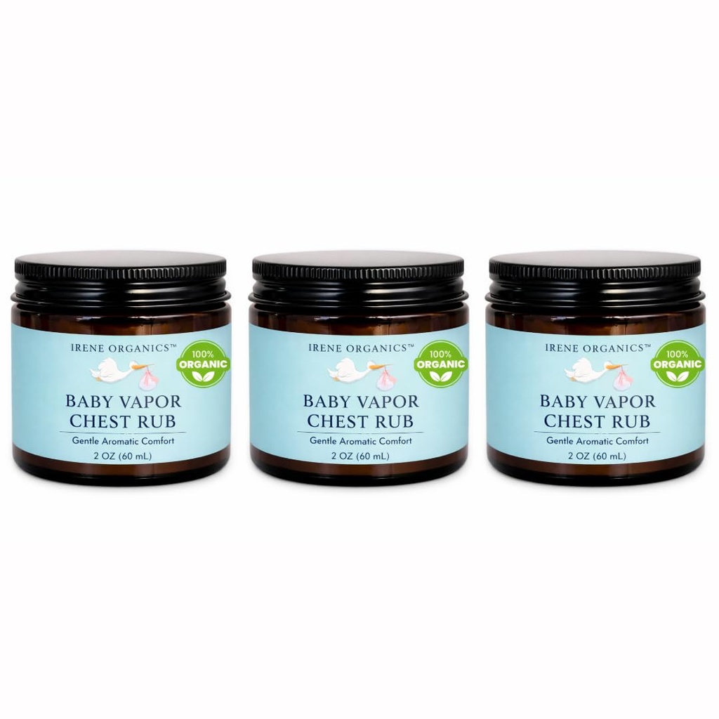 Irene Organics Organic Baby Vapor Chest Rub Clean Vapo Rub Made with Non Toxic Ingredients, Organic Cough & Congestion Relief Balm, Safe Natural Eucalyptus & Lavender Rub for Newborns & Kids (3, 2 oz)