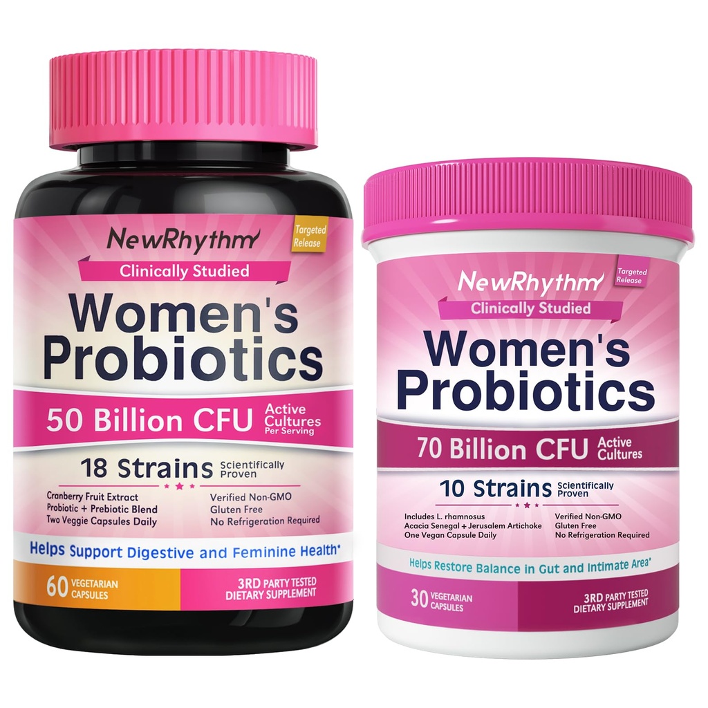 NewRhythm Women’s Probiotics Bundle, Women's Probiotics 50 Billion CFU & Women's Probiotics 70 Billion CFU, Daily Gut Support & Feminine Care, Vaginal & Urinary Health (Pack of 2)