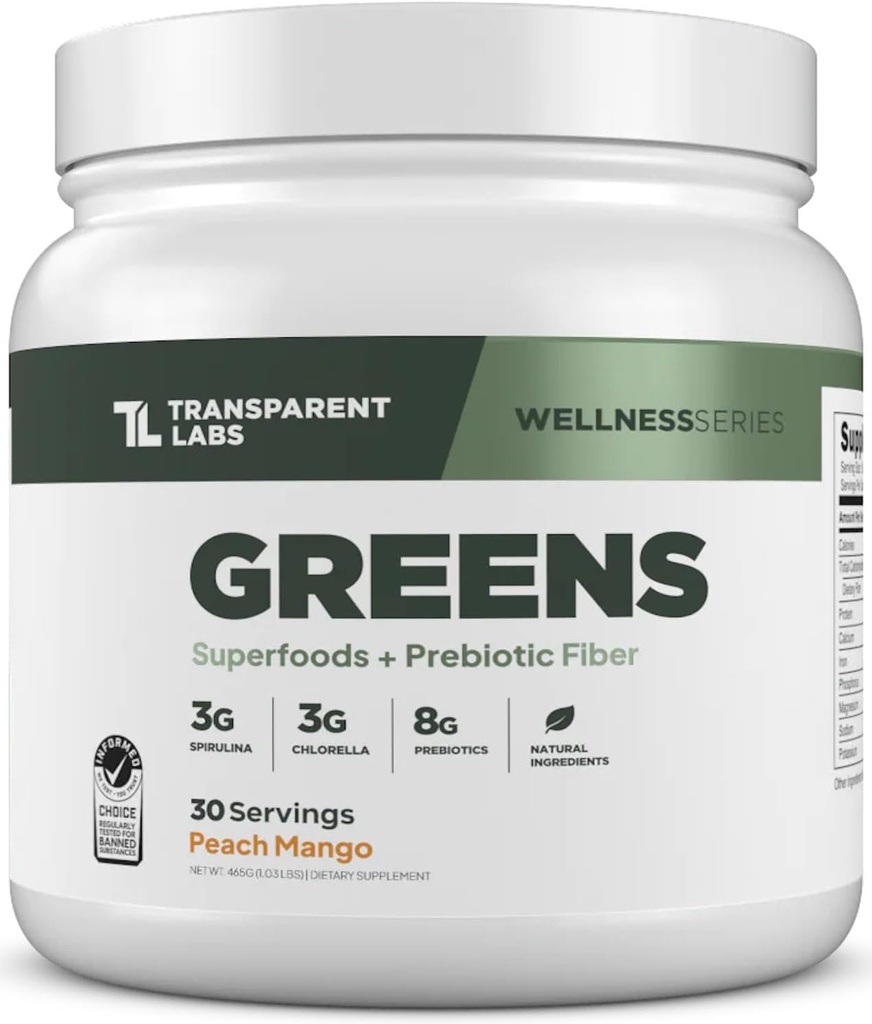 Transparent Labs Prebiotic Greens - Superfood Powder & Antioxidants Supplement with Organic Spirulina, Chloerra, Acacia, & Green Banana Powder - 30 Servings, Peach Mango
