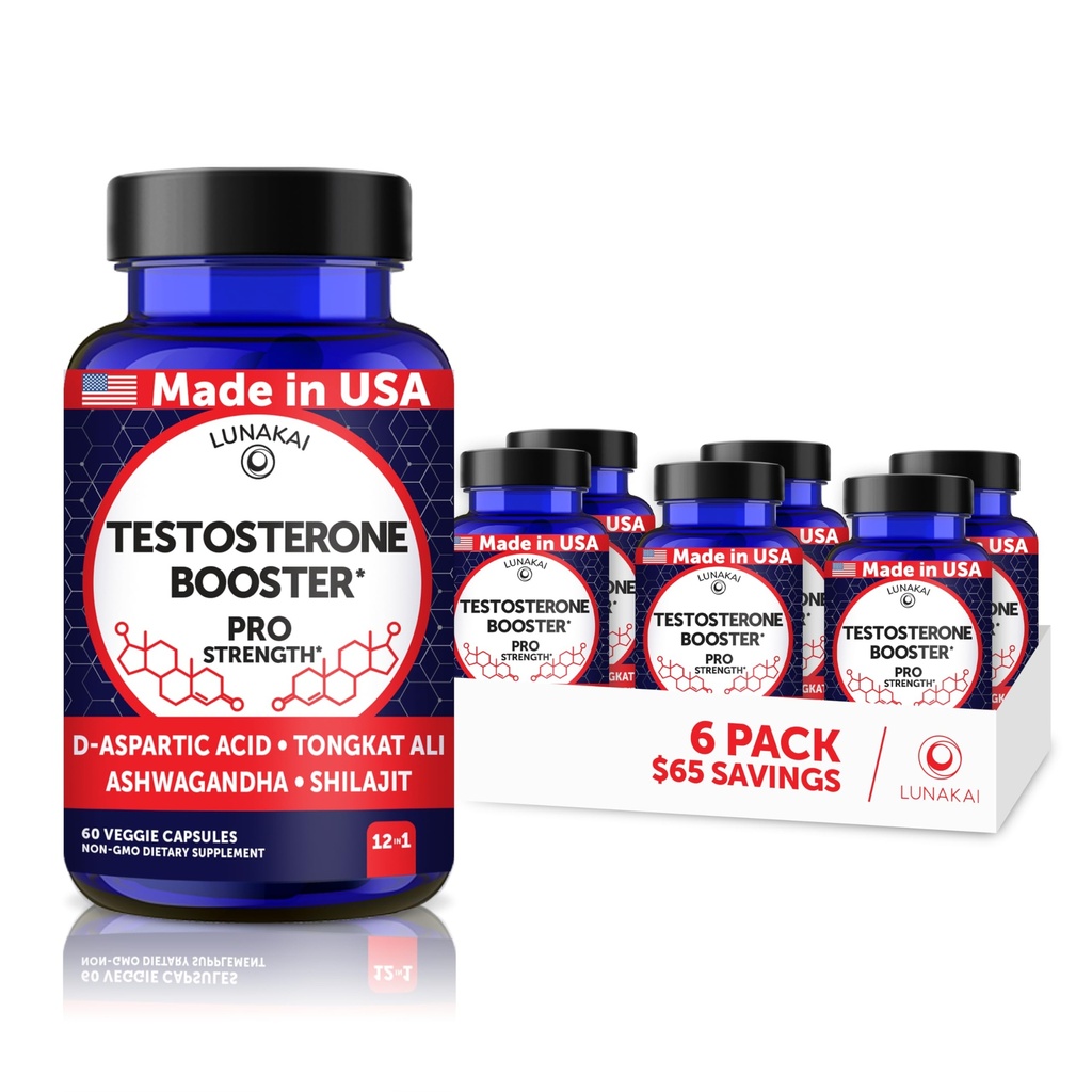 Lunakai USA Made Natural Testosterone Booster for Men with Tongkat Ali, Ashwagandha & Shilajit - Testosterone Supplement for Strength, Energy & Stamina - 6 Pack