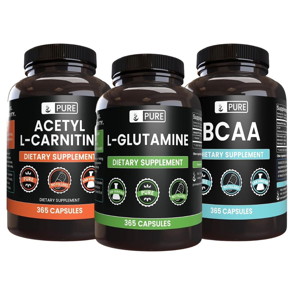 Pure Original Ingredients Acetyl L-Carnitine, L-Glutamine, and BCAA Capsule Bundle (365 Capsules Each), No Magnesium or Rice Fillers