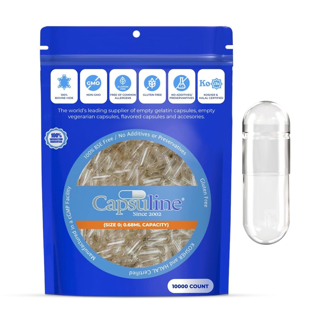 Capsuline - Size 0 Clear Empty Gelatin Capsules - 10000 Count - Manufactured in North & South America - Kosher & Halal Certified - Pill Capsules - 10000SF