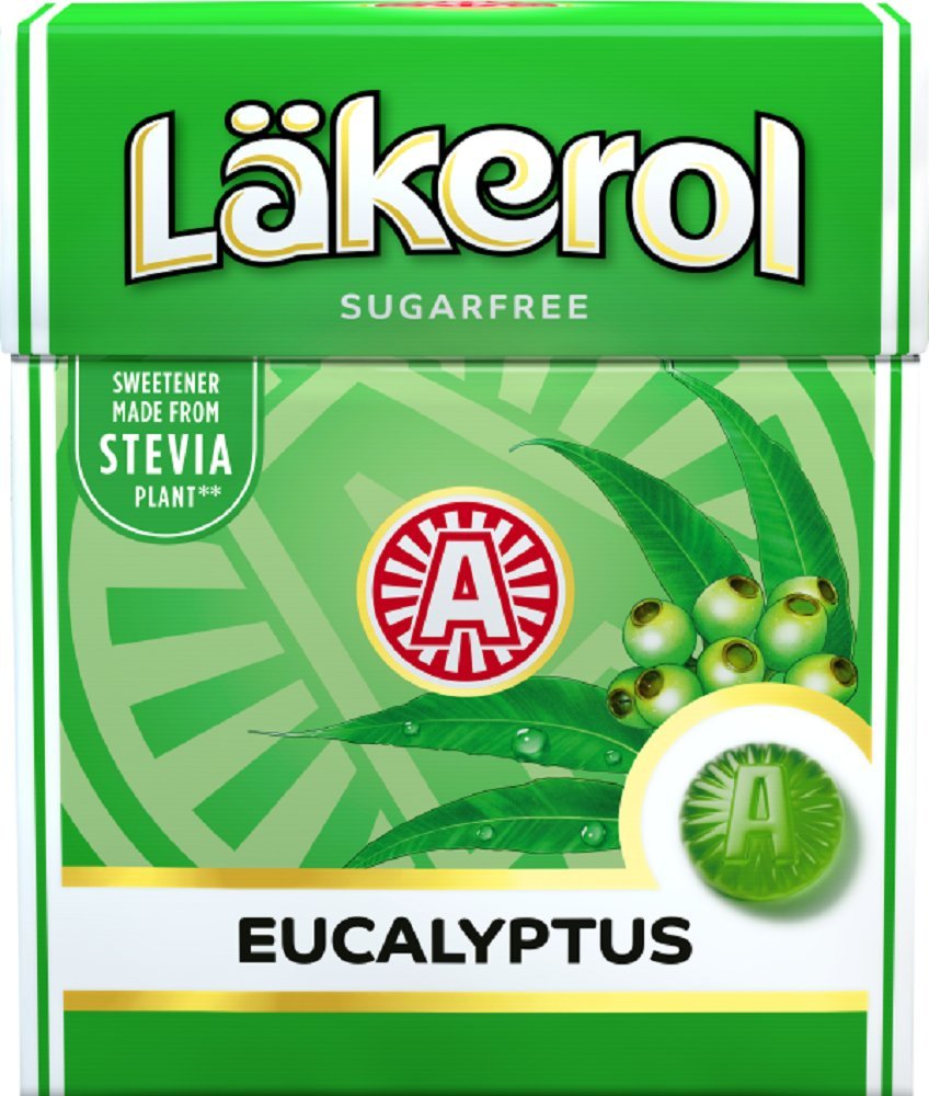 4 Boxes x 25g of Läkerol Eucalyptus - Original - Swedish - Sugar Free - Stevia - Pastilles - Lozenges - Drops - Dragees - Candies - Sweets