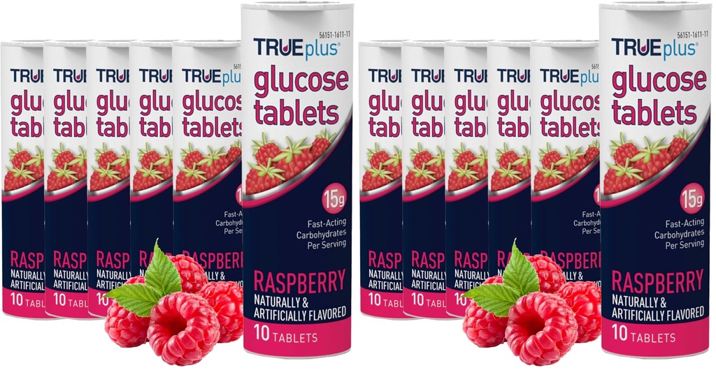 TRUEplus Glucose Tablets, Chewable, Raspberry Flavor, 15g Fast-Acting Carbohydrates, Fat Free, Gluten Free, Raise Low Blood Sugar and Boost Energy, 10 Count, 6 Tubes (Pack of 2)