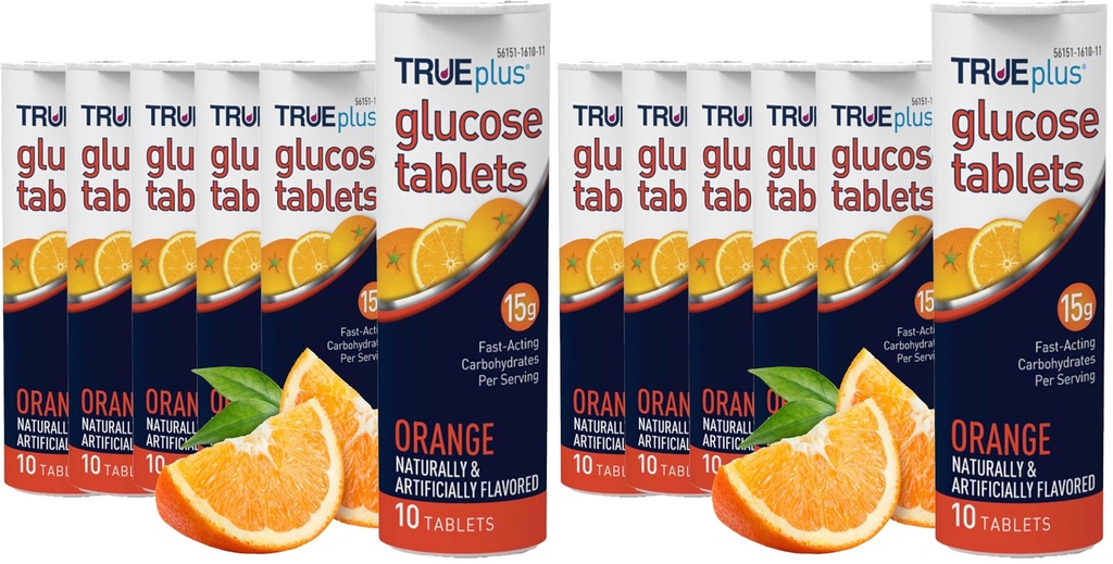 TRUEplus Glucose Tablets, Orange Flavor - 6X 10ct Tubes (Pack of 2)