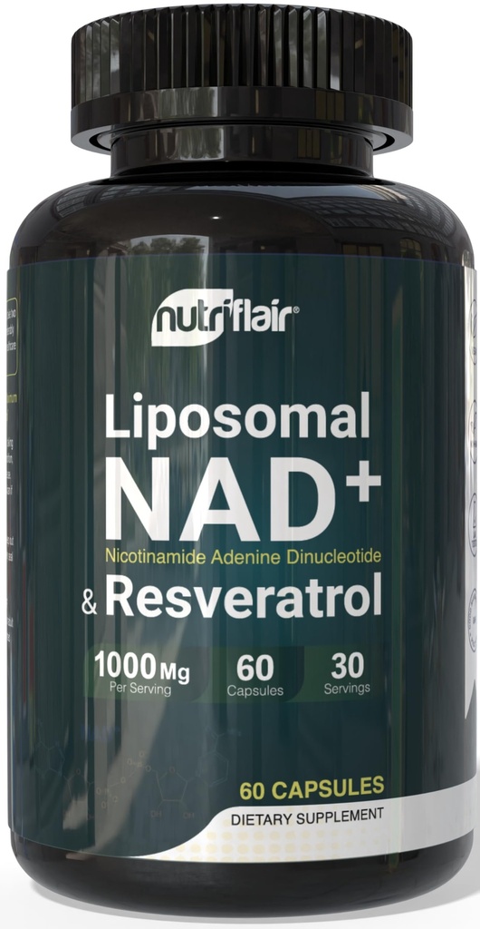 NutriFlair Liposomal NAD+ Supplement with Resveratrol 1000mg per Serving, 60 Capsules – High Absorption, Non-GMO, Made in USA