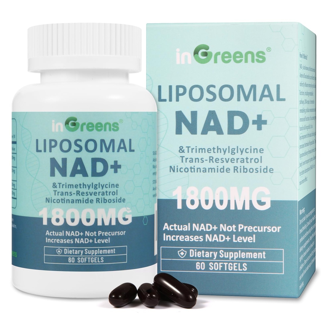 inGreens Liposomal NAD+ Supplement 1800 mg with Nicotinamide Riboside, Trans-Resveratrol & Trimethylglycine – NAD+ Nutrient Support Formula, High-Potency Liposomal Softgels, 120 Count