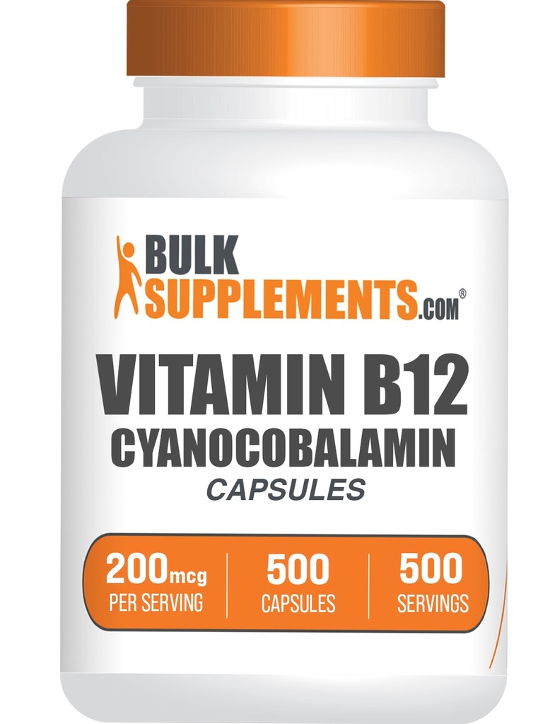 BulkSupplements.com Κάψουλες Βιταμίνης Β12 - ως Κυανοκοβαλαμίνη, Συμπλήρωμα Βιταμίνης Β, Βιταμίνη Β12 200 mcg - Ενεργειακές Βιταμίνες, Χωρίς Γλουτένη, 1 Καψάκιο ανά Σερβίρισμα, 500 Κάψουλες (Pack of 1)