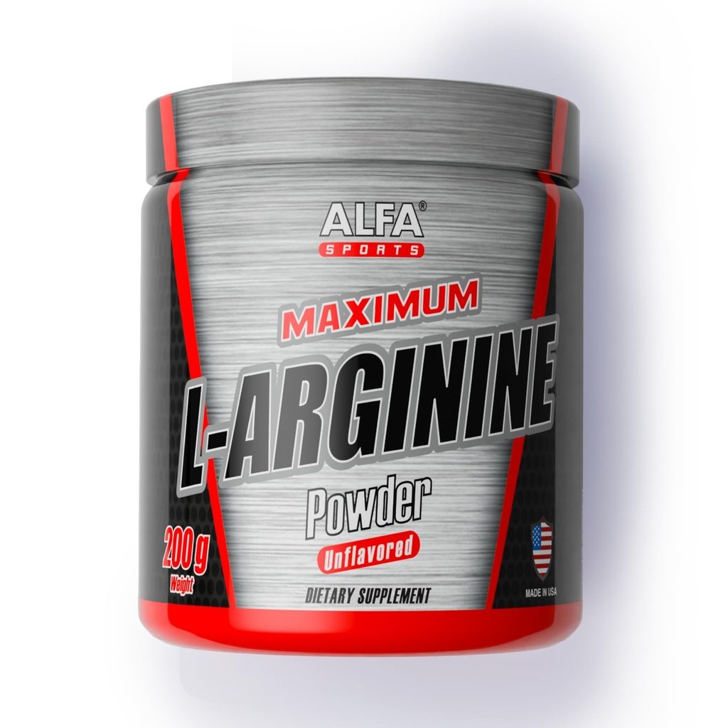 ALFA Sports Maximum L-Arginine Powder 5000mg – Nitric Oxide Booster for Muscle Pump, Energy & Circulation – Pure Amino Acid Supplement – Unflavored 200g Jar