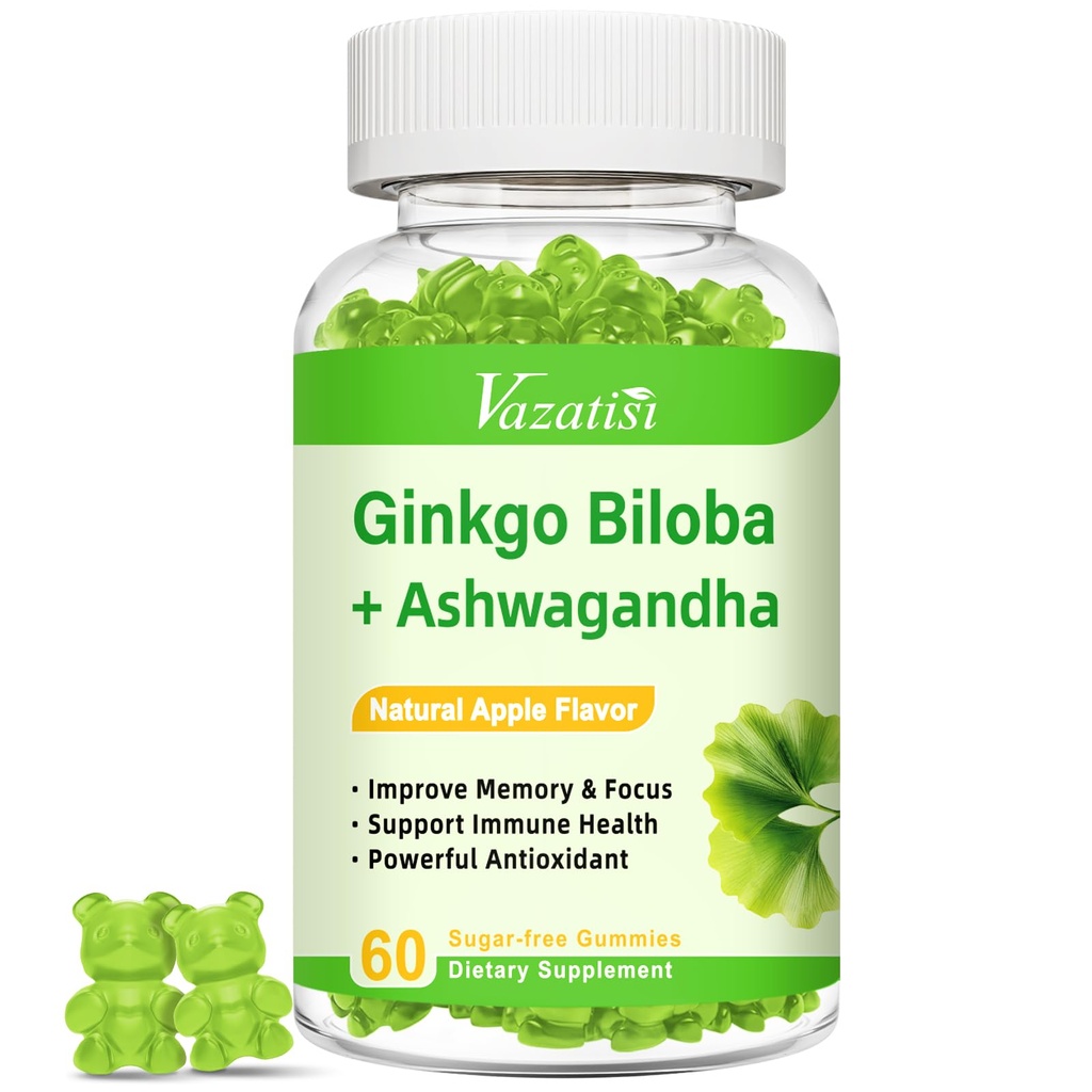 Ginkgo Biloba Gummies 240mg with Panax Ginseng for Better Mood and Focus, Booster Brain Health, 60 Vegan Apple Flavor Gummies