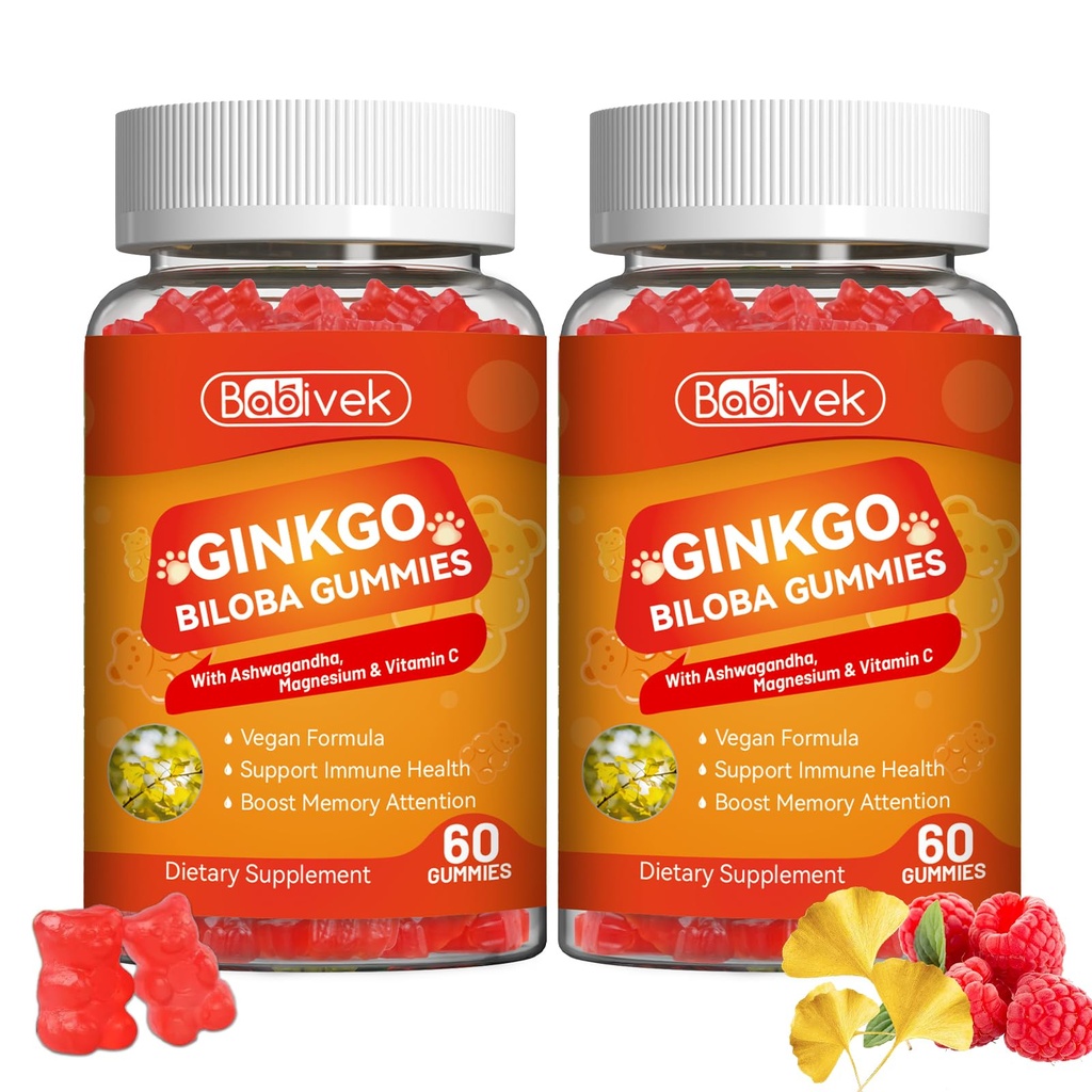 2 Pack Ginkgo Biloba Gummies with Ashwagandha, Vitamin C & Magnesium - Vegan, Non-GMO, Gluten-Free - Raspberry Flavor, 120 Count