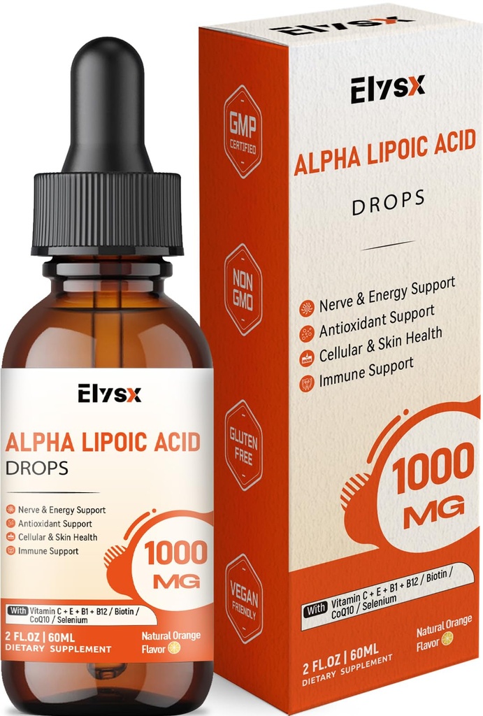 Alpha Lipoic Acid Liquid Drops 1000mg, ALA Supplement for Nerve and Antioxidant Support with Biotin, Natural Orange Flavor, 2FL OZ