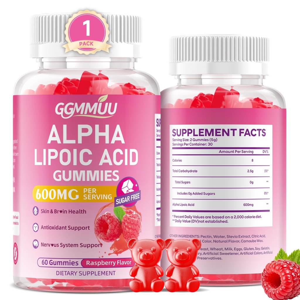 Alpha Lipoic Acid Gummies 600mg, High Absorption Chewable ALA Supplement, Raspberry Flavor, Vegan, Sugar Free, 60 Count