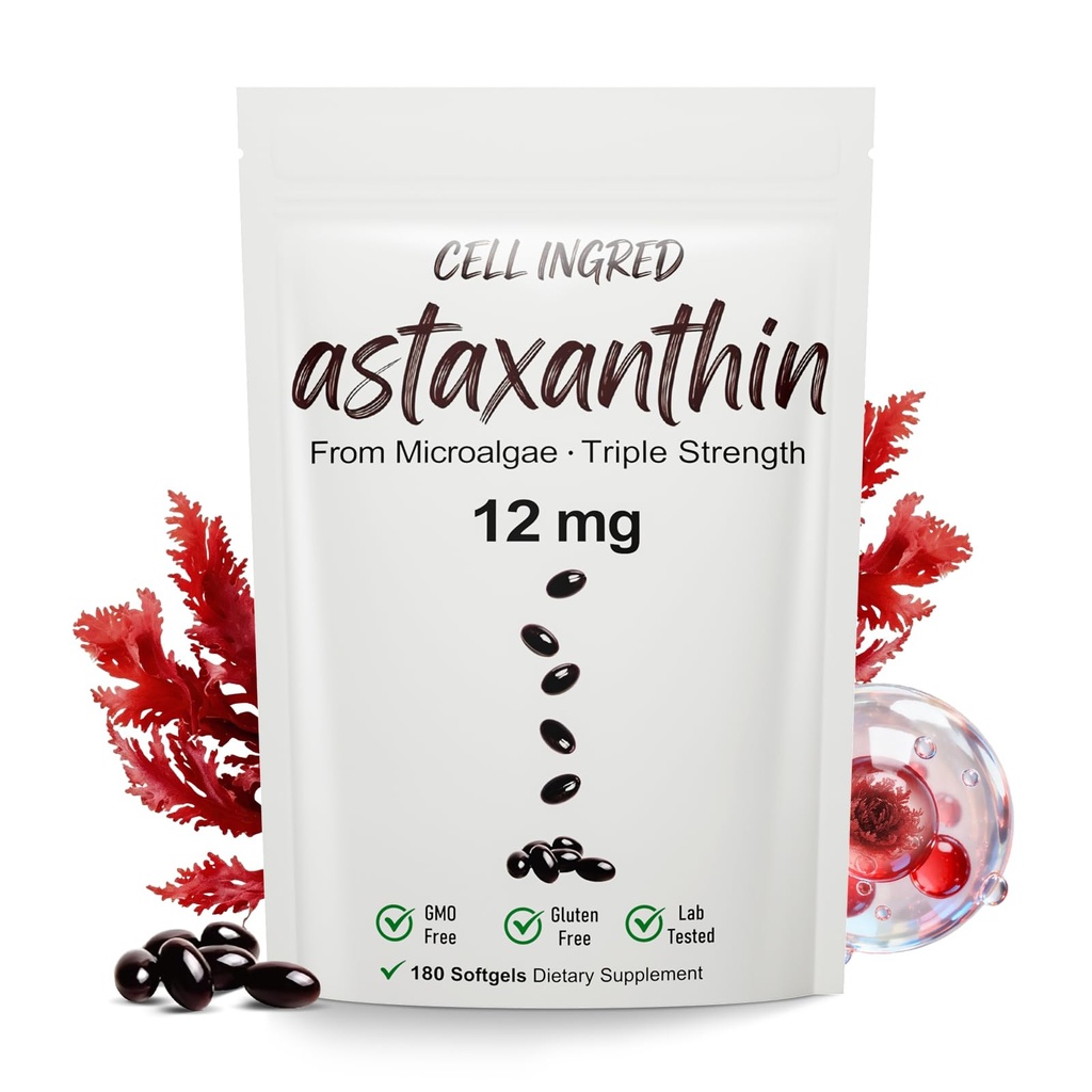 Astaxanthin 12mg Supplements,antioxidant Supplement 180 Softgels for 6 Month Supply - Premium Natural Microalgae, Supports Wellness for Skin, Eyes and Joints, Non-GMO & No Gluten
